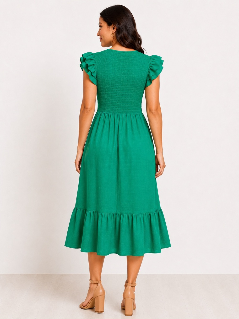 Nanette Lepore Smocked Midi Dress Flutter Sleeve Ruffle Hem Green 12 NWT - Picture 3 of 16